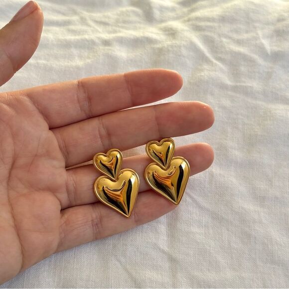 Puffed Double Heart Gold Valentine Earrings OS - Picture 1 of 10